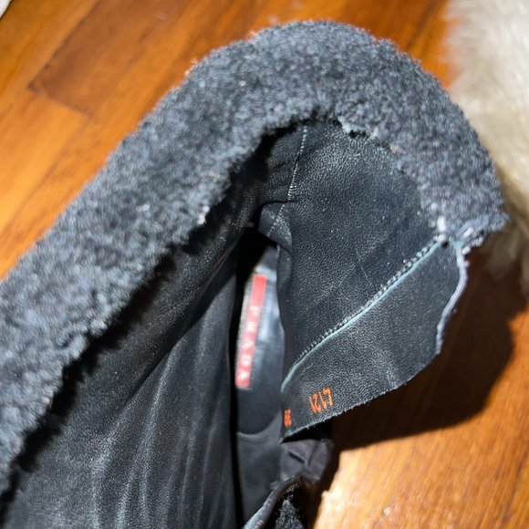 PRADA Black Wedge Heeled Booties with Faux Fur - Picture 3 of 3